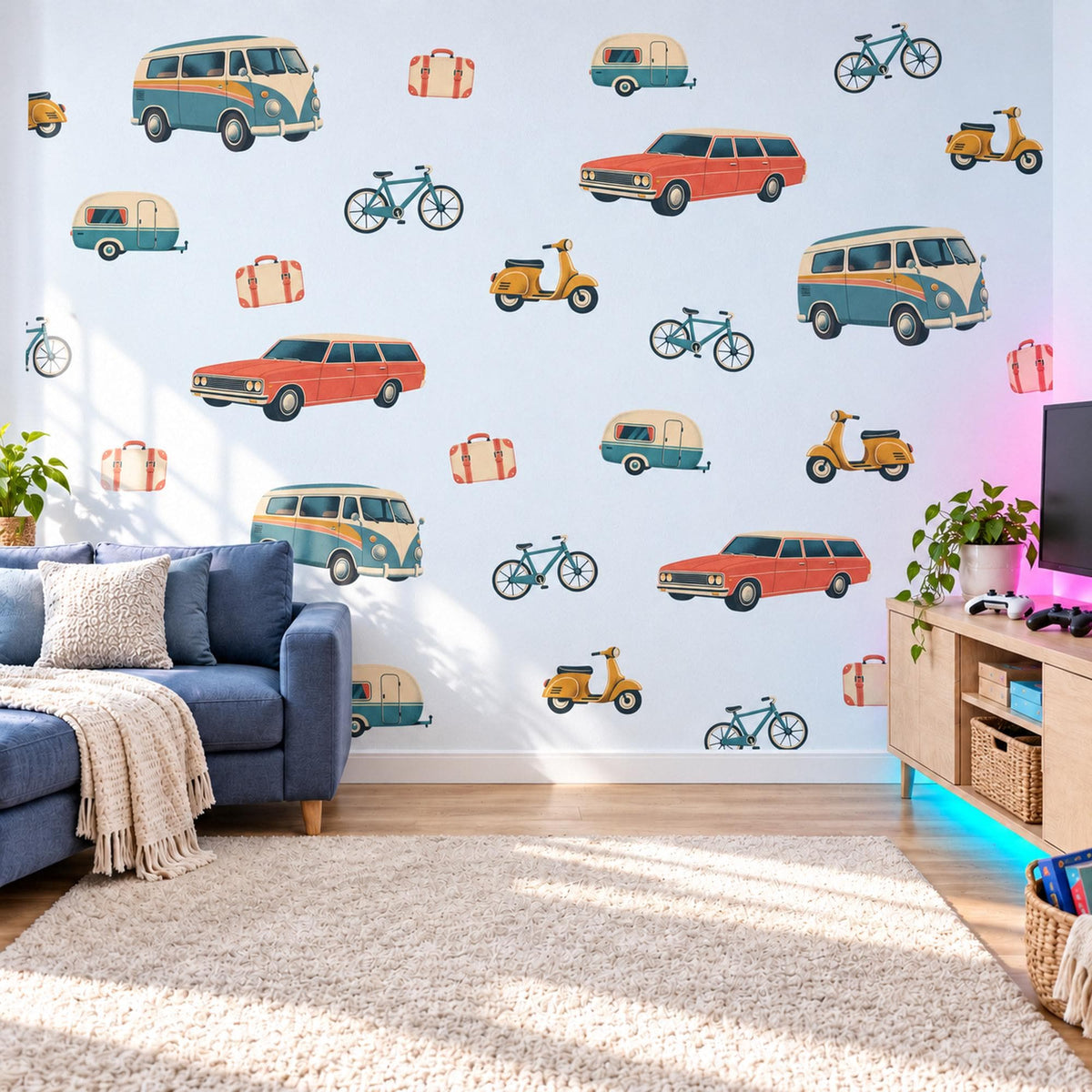 Camper Van Wall Stickers, Retro Car Boys Room Decor, Vintage Road Trip Wall Decals, Kids Bedroom Teal Coral Mustard Peel and Stick Wall Art