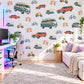 Camper Van Wall Stickers, Retro Car Boys Room Decor, Vintage Road Trip Wall Decals, Kids Bedroom Teal Coral Mustard Peel and Stick Wall Art