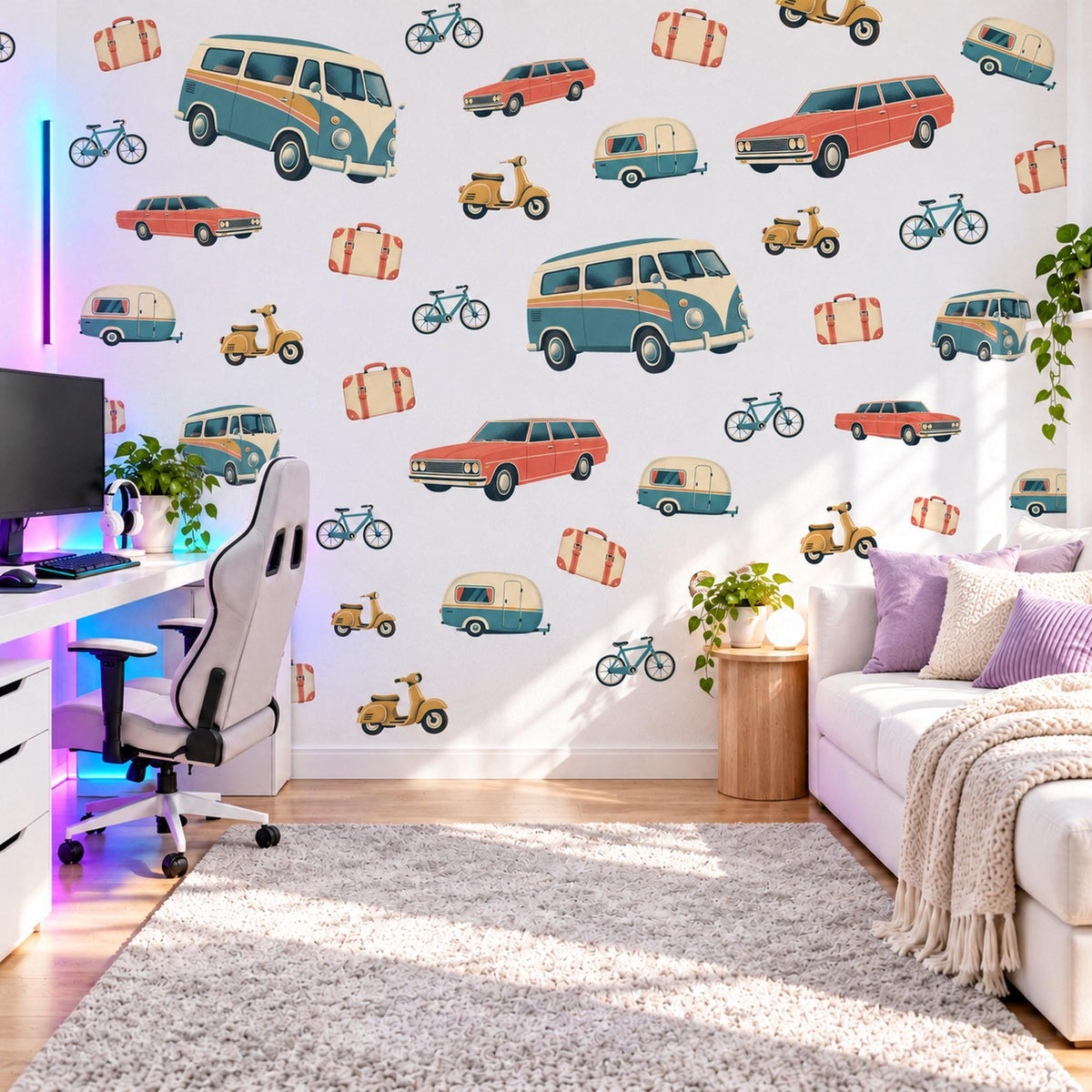 Camper Van Wall Stickers, Retro Car Boys Room Decor, Vintage Road Trip Wall Decals, Kids Bedroom Teal Coral Mustard Peel and Stick Wall Art