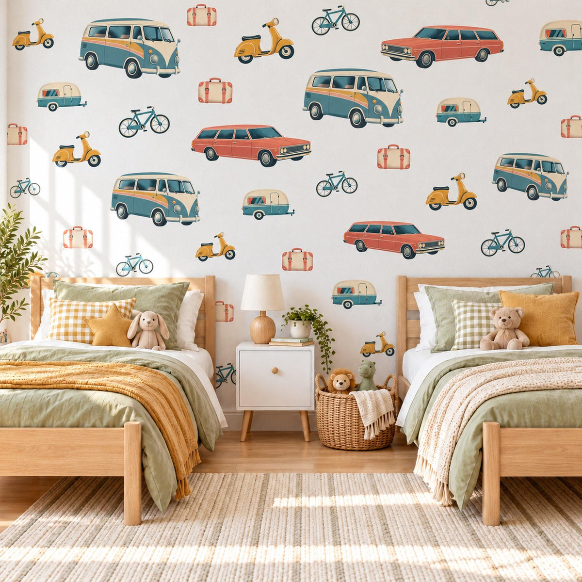 Camper Van Wall Stickers, Retro Car Boys Room Decor, Vintage Road Trip Wall Decals, Kids Bedroom Teal Coral Mustard Peel and Stick Wall Art