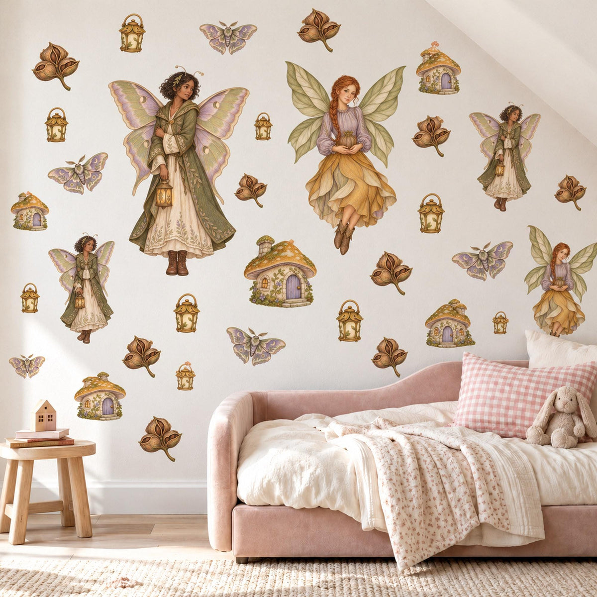 Fairy Wall Stickers, Woodland Fairy Nursery Decor, Fairy House Wall Decals, Girls Bedroom Sage Gold Lilac Whimsical Peel and Stick Wall Art