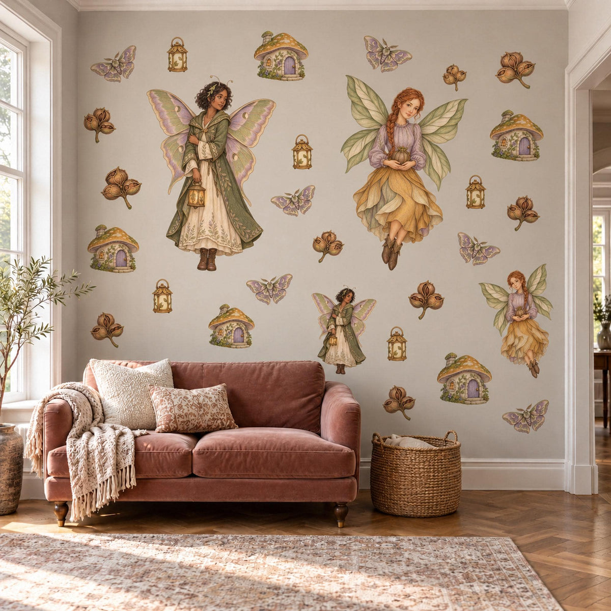 Fairy Wall Stickers, Woodland Fairy Nursery Decor, Fairy House Wall Decals, Girls Bedroom Sage Gold Lilac Whimsical Peel and Stick Wall Art