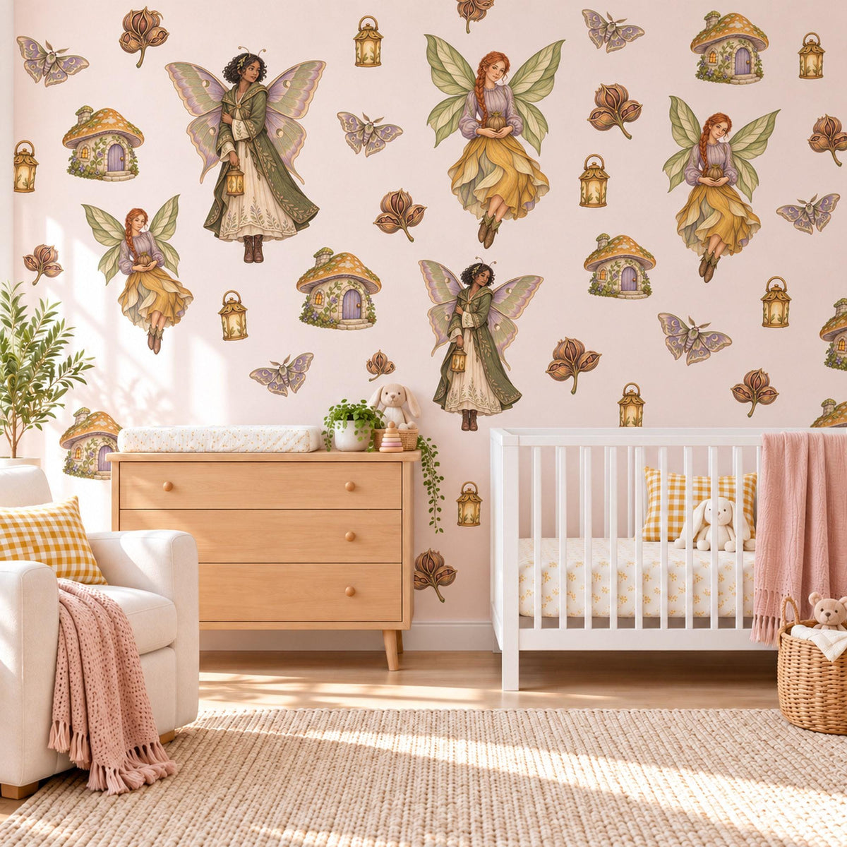 Fairy Wall Stickers, Woodland Fairy Nursery Decor, Fairy House Wall Decals, Girls Bedroom Sage Gold Lilac Whimsical Peel and Stick Wall Art