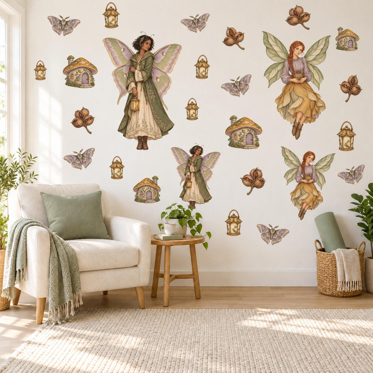 Fairy Wall Stickers, Woodland Fairy Nursery Decor, Fairy House Wall Decals, Girls Bedroom Sage Gold Lilac Whimsical Peel and Stick Wall Art
