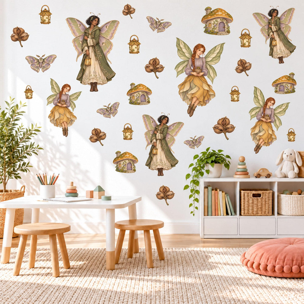 Fairy Wall Stickers, Woodland Fairy Nursery Decor, Fairy House Wall Decals, Girls Bedroom Sage Gold Lilac Whimsical Peel and Stick Wall Art