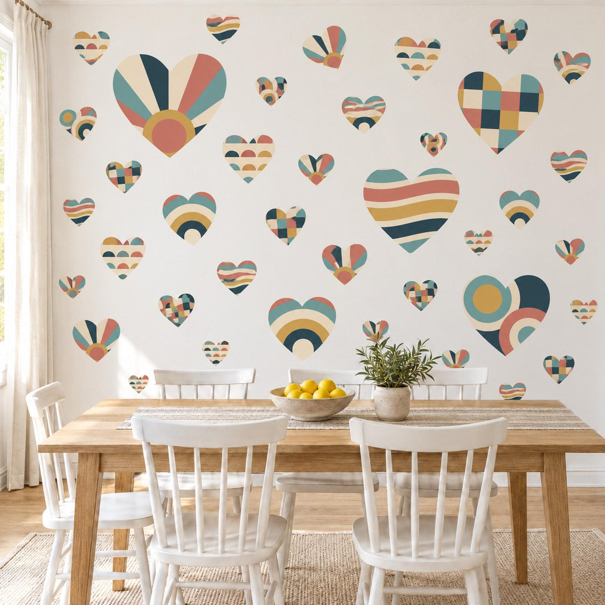 Heart Wall Stickers, Retro Geometric Heart Decor, Boho Heart Wall Decals, Kids Teen Room Teal Mustard Coral Navy Peel and Stick Wall Art