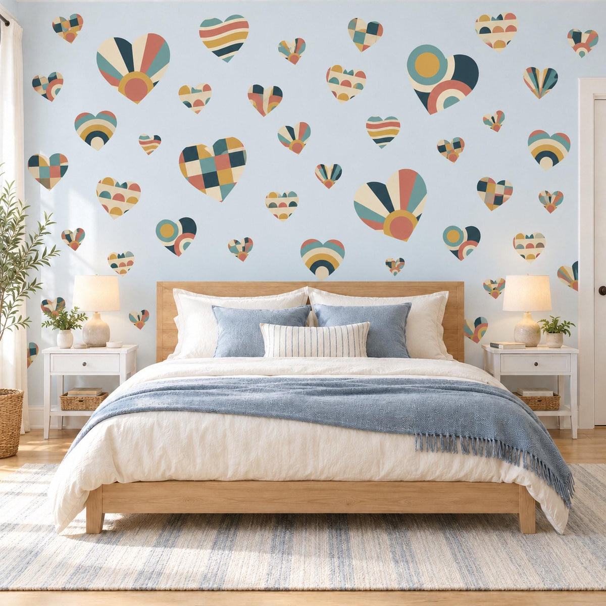 Heart Wall Stickers, Retro Geometric Heart Decor, Boho Heart Wall Decals, Kids Teen Room Teal Mustard Coral Navy Peel and Stick Wall Art