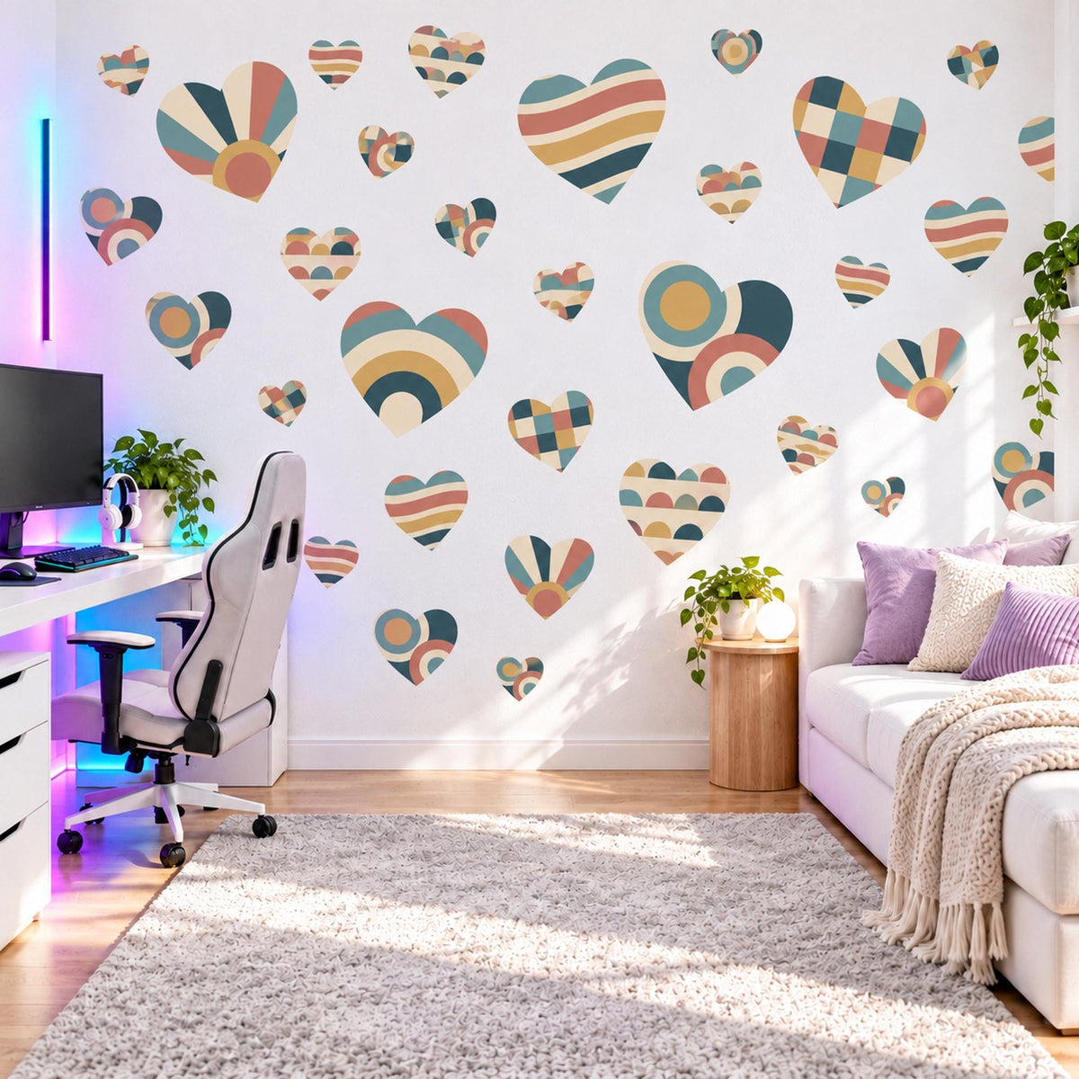 Heart Wall Stickers, Retro Geometric Heart Decor, Boho Heart Wall Decals, Kids Teen Room Teal Mustard Coral Navy Peel and Stick Wall Art