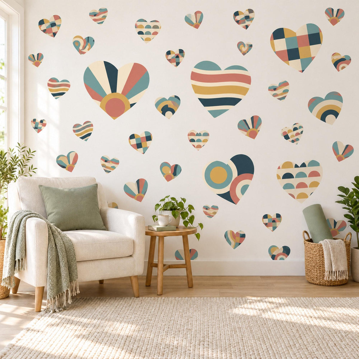 Heart Wall Stickers, Retro Geometric Heart Decor, Boho Heart Wall Decals, Kids Teen Room Teal Mustard Coral Navy Peel and Stick Wall Art