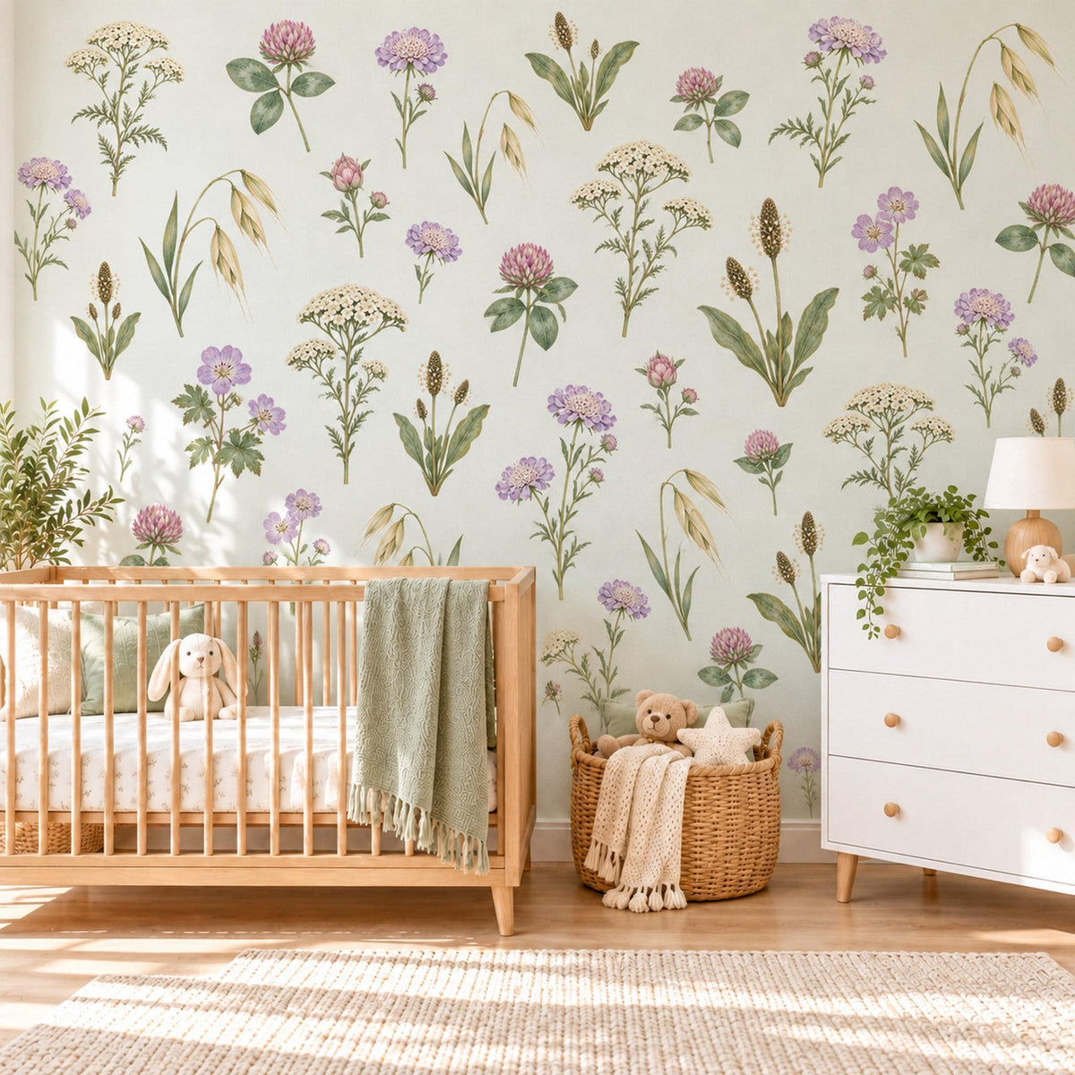 Wildflower Wall Stickers, Meadow Flower Nursery Decor, Botanical Wall Decals, Girls Room Lilac Sage Pink Cottage Peel and Stick Wall Art