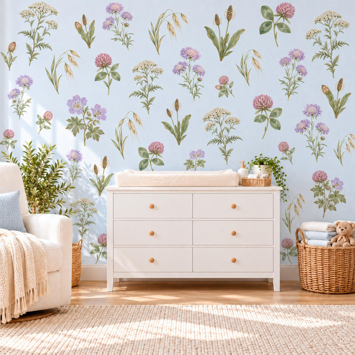 Wildflower Wall Stickers, Meadow Flower Nursery Decor, Botanical Wall Decals, Girls Room Lilac Sage Pink Cottage Peel and Stick Wall Art