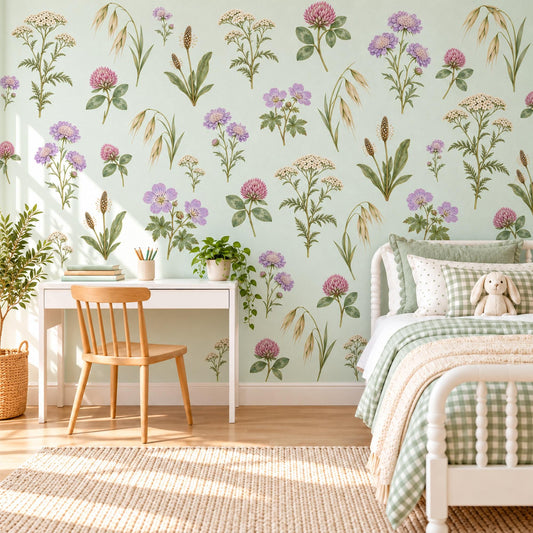 Wildflower Wall Stickers, Meadow Flower Nursery Decor, Botanical Wall Decals, Girls Room Lilac Sage Pink Cottage Peel and Stick Wall Art