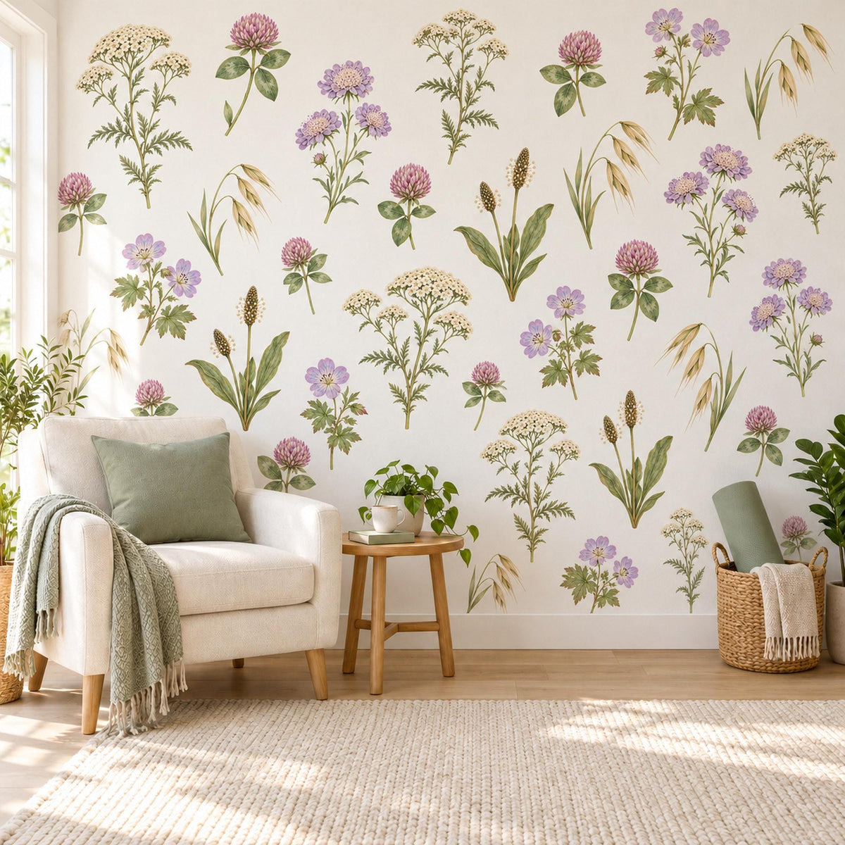 Wildflower Wall Stickers, Meadow Flower Nursery Decor, Botanical Wall Decals, Girls Room Lilac Sage Pink Cottage Peel and Stick Wall Art