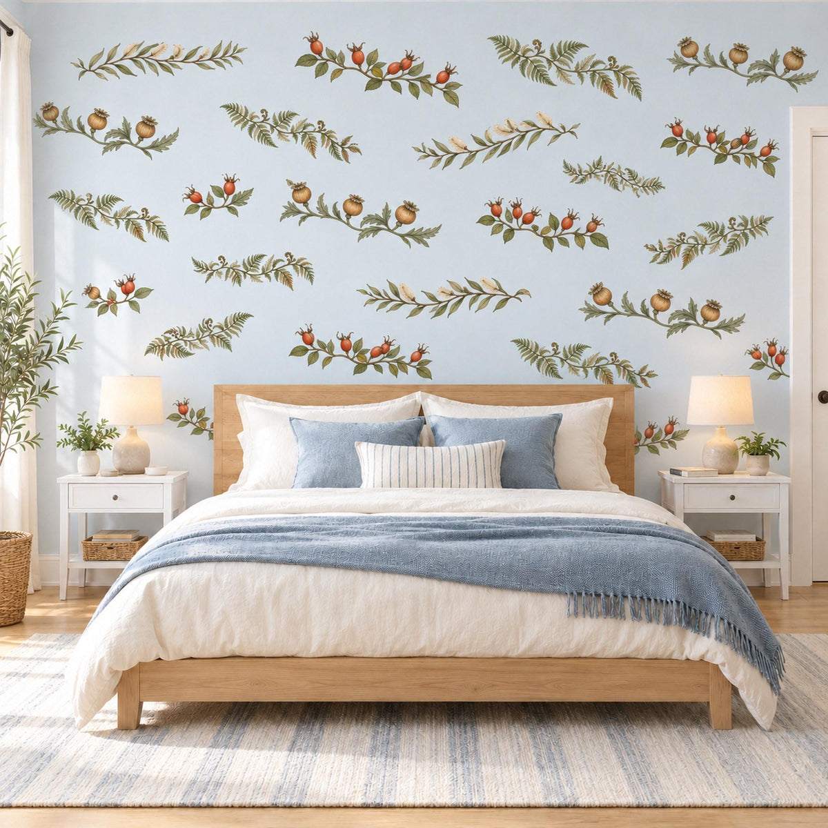 Botanical Vine Wall Stickers, Leafy Garland Decor, Berry Branch Wall Decals, Living Room Kitchen Sage Green Red Peel and Stick Wall Art