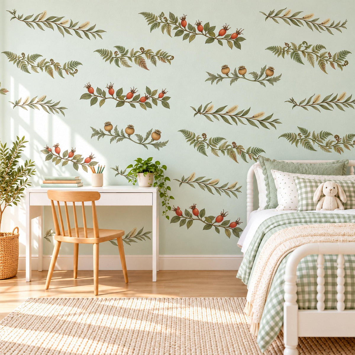 Botanical Vine Wall Stickers, Leafy Garland Decor, Berry Branch Wall Decals, Living Room Kitchen Sage Green Red Peel and Stick Wall Art