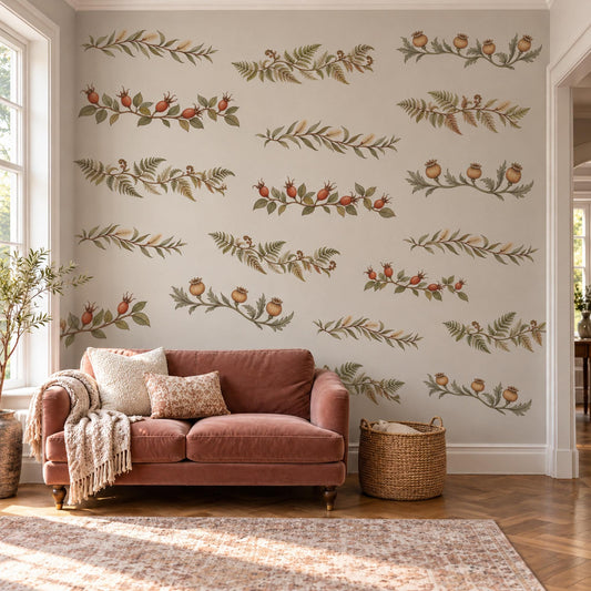 Botanical Vine Wall Stickers, Leafy Garland Decor, Berry Branch Wall Decals, Living Room Kitchen Sage Green Red Peel and Stick Wall Art