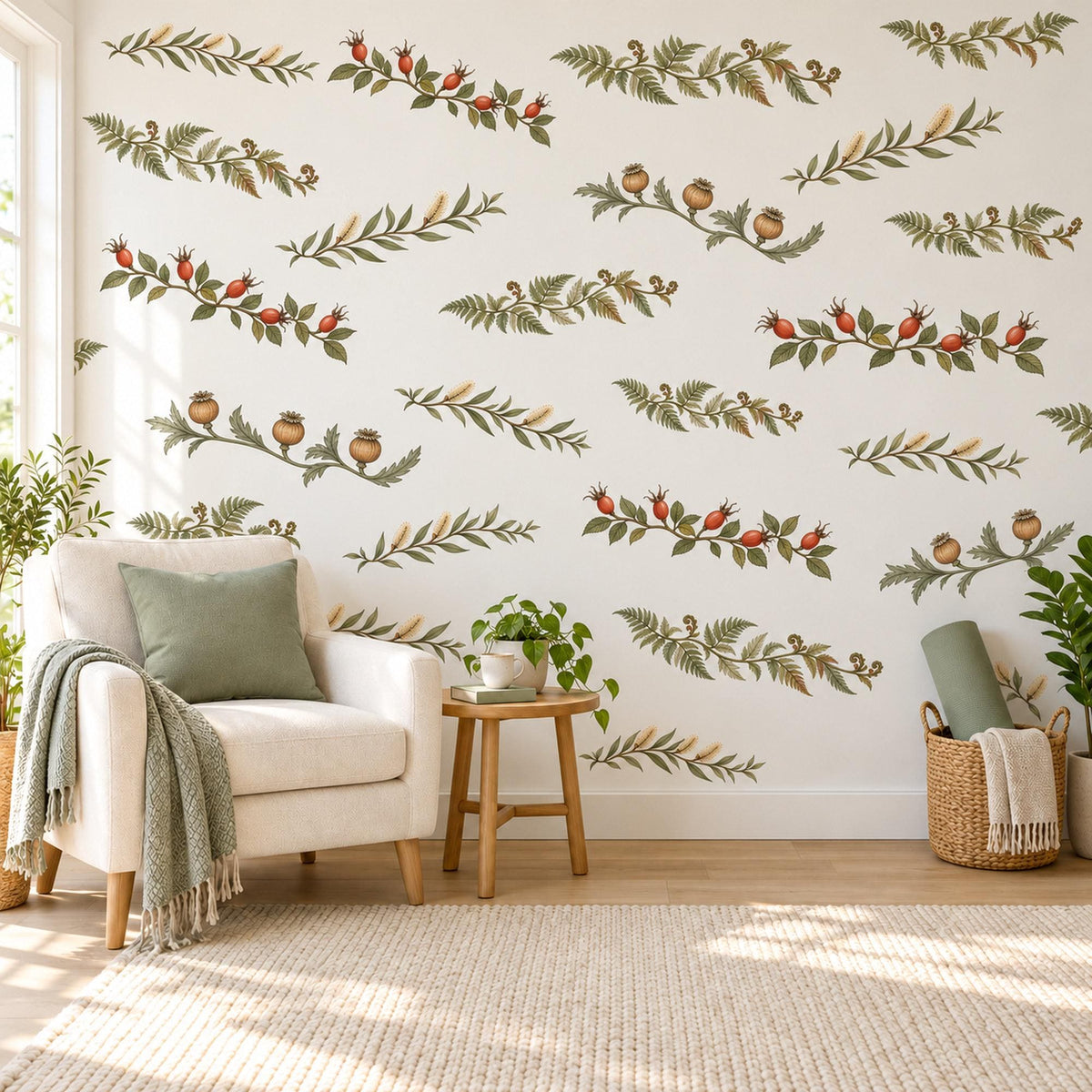 Botanical Vine Wall Stickers, Leafy Garland Decor, Berry Branch Wall Decals, Living Room Kitchen Sage Green Red Peel and Stick Wall Art
