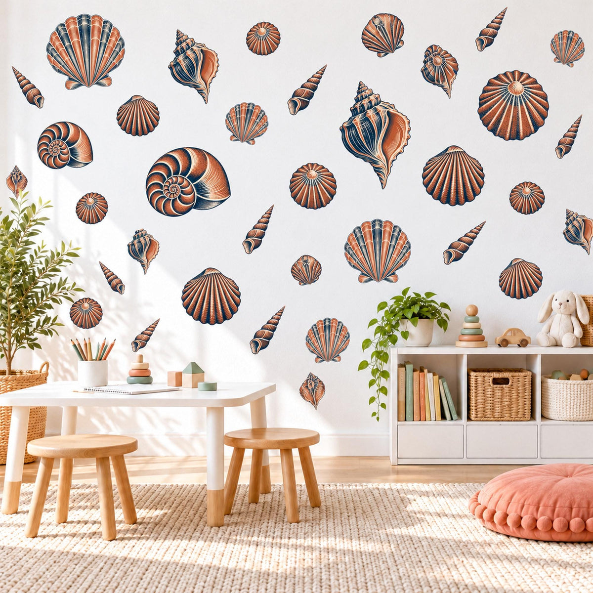 Seashell Wall Stickers, Coastal Shell Decor, Beach Nursery Wall Decals, Bedroom Bathroom Coral Navy Nautical Peel and Stick Wall Art