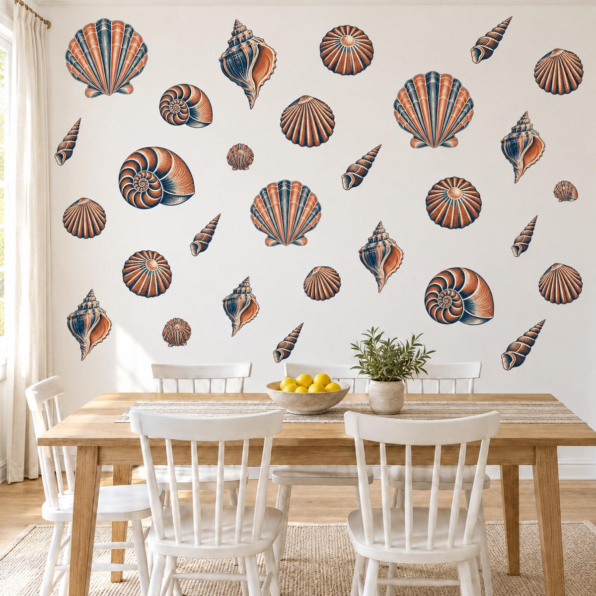 Seashell Wall Stickers, Coastal Shell Decor, Beach Nursery Wall Decals, Bedroom Bathroom Coral Navy Nautical Peel and Stick Wall Art