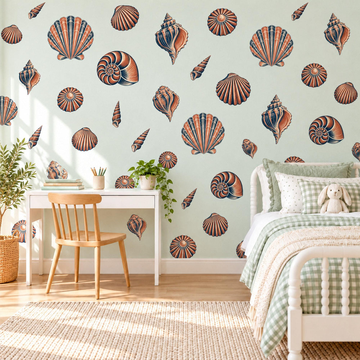 Seashell Wall Stickers, Coastal Shell Decor, Beach Nursery Wall Decals, Bedroom Bathroom Coral Navy Nautical Peel and Stick Wall Art