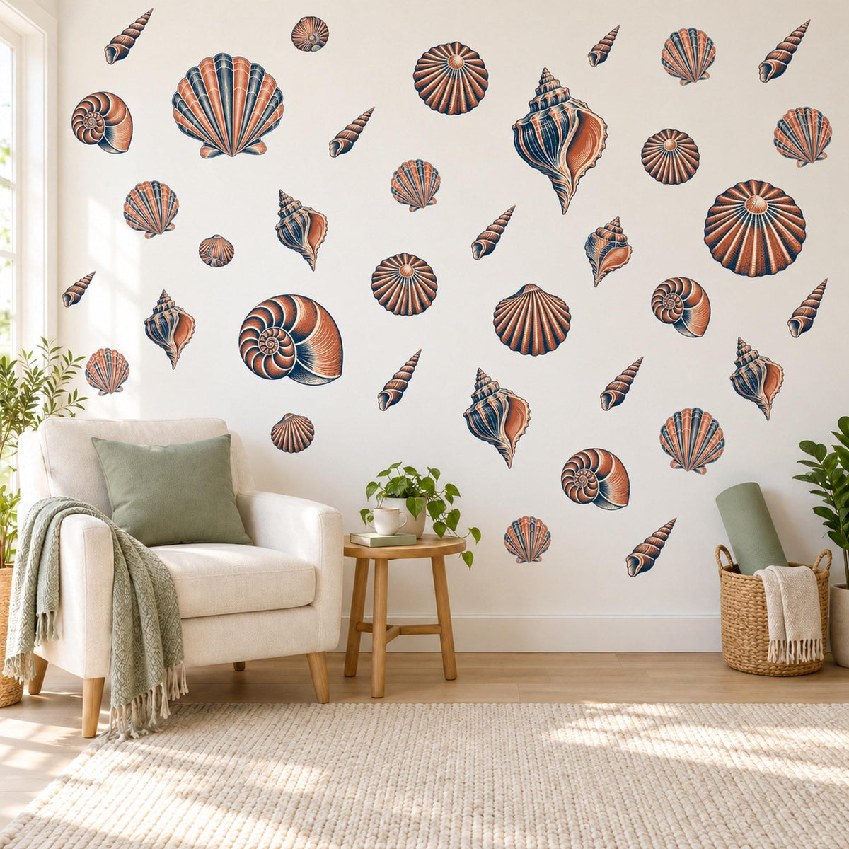 Seashell Wall Stickers, Coastal Shell Decor, Beach Nursery Wall Decals, Bedroom Bathroom Coral Navy Nautical Peel and Stick Wall Art
