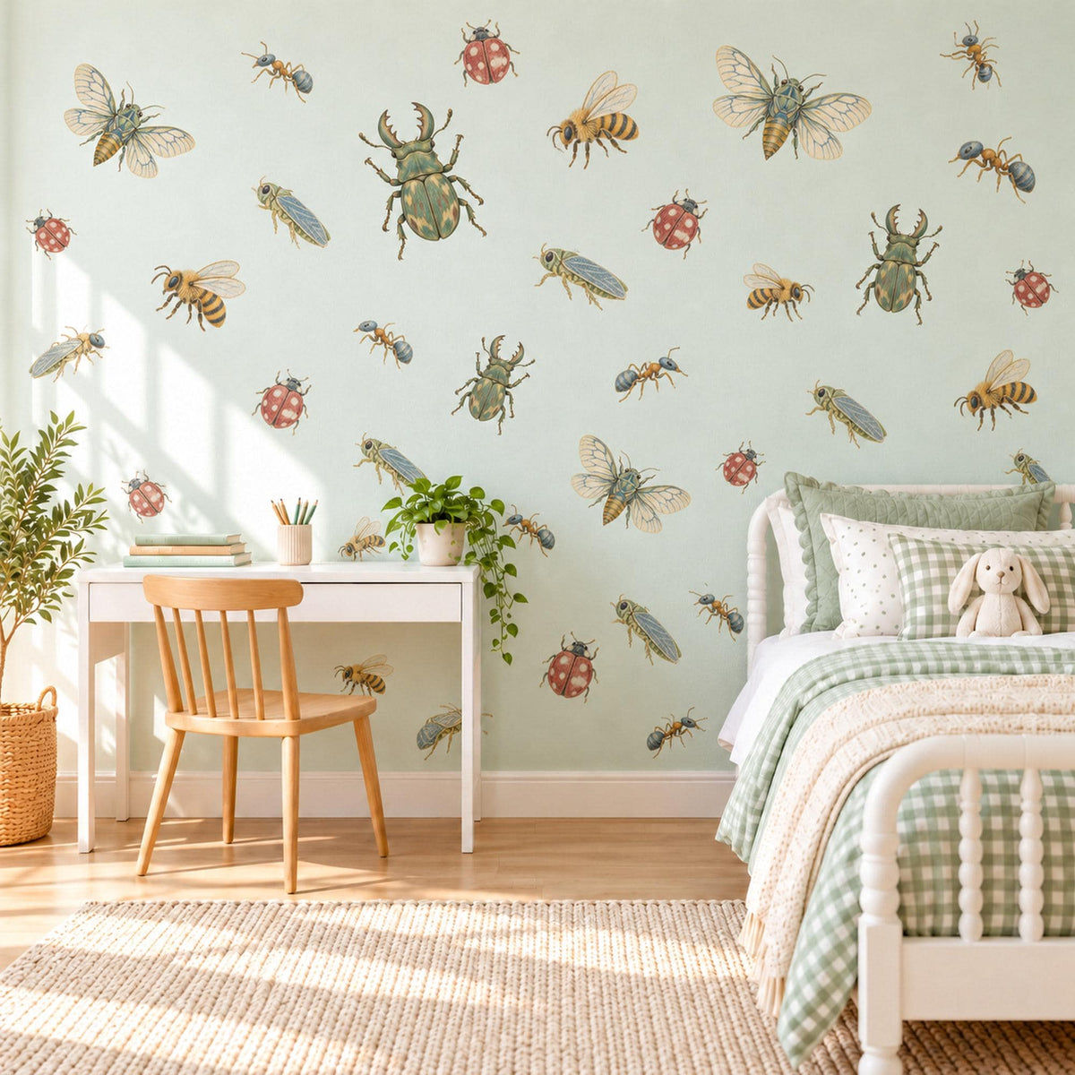Bug Wall Stickers, Vintage Beetle Insect Decor, Bee Ladybird Wall Decals, Boys Kids Room Olive Green Gold Nature Peel and Stick Wall Art