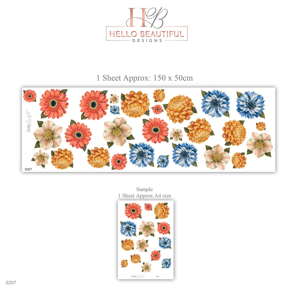 Flower Wall Stickers, Bold Retro Floral Decor, Gerbera Dahlia Wall Decals, Girls Kids Room Coral Orange Blue Bloom Peel and Stick Wall Art