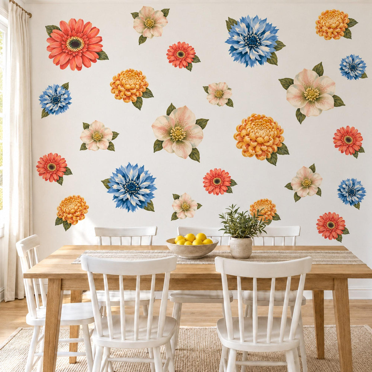Flower Wall Stickers, Bold Retro Floral Decor, Gerbera Dahlia Wall Decals, Girls Kids Room Coral Orange Blue Bloom Peel and Stick Wall Art