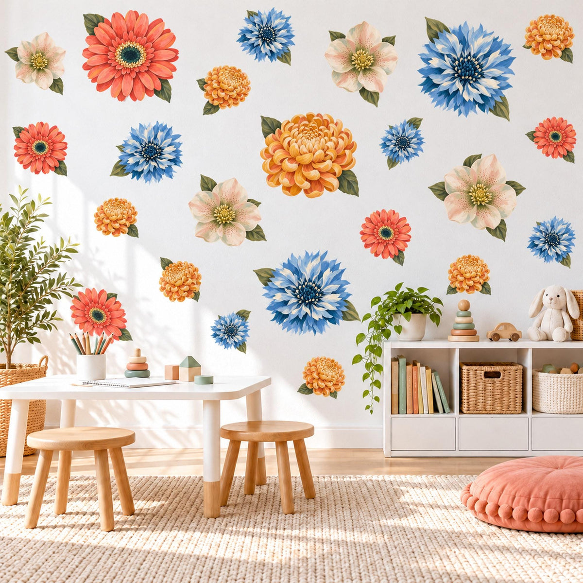 Flower Wall Stickers, Bold Retro Floral Decor, Gerbera Dahlia Wall Decals, Girls Kids Room Coral Orange Blue Bloom Peel and Stick Wall Art