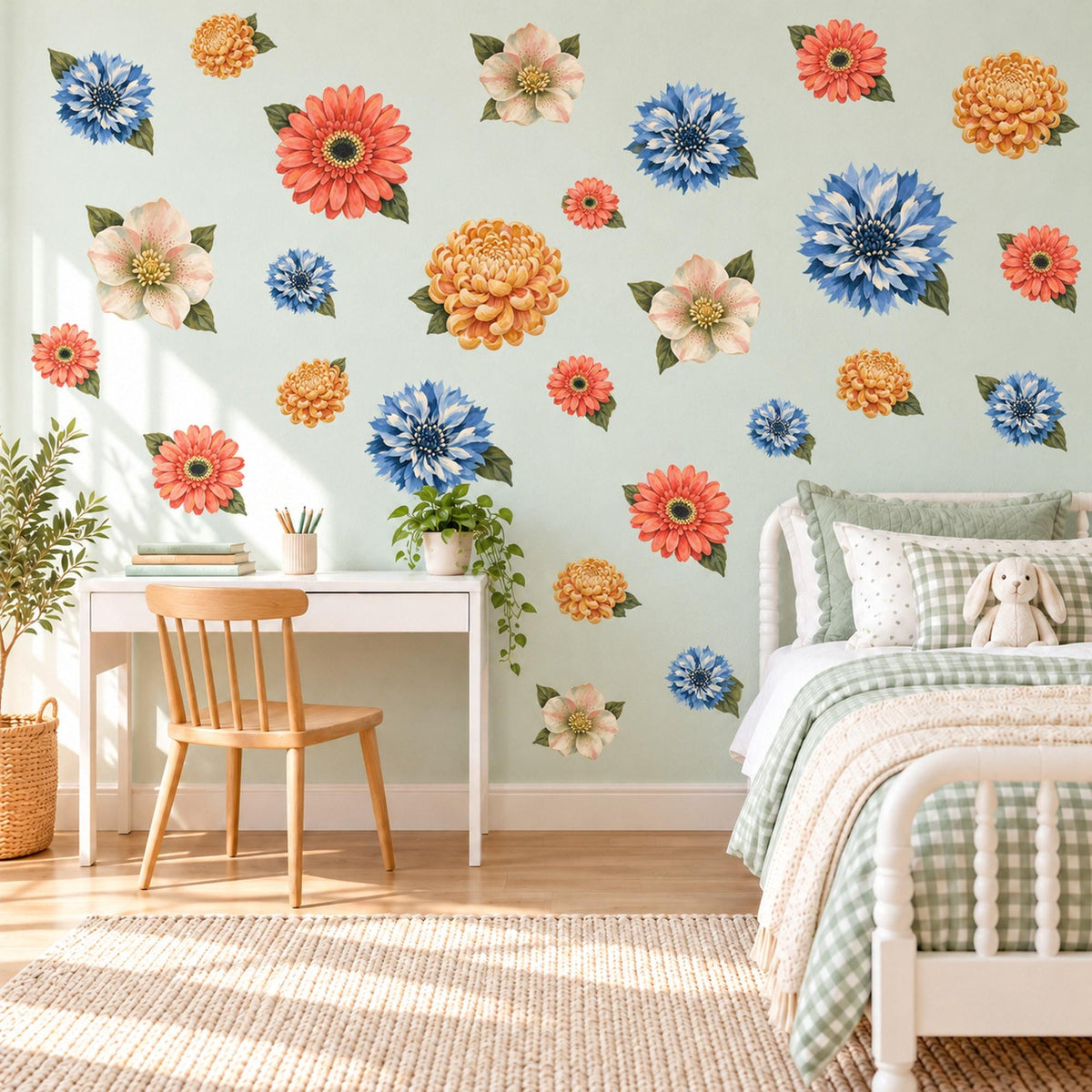 Flower Wall Stickers, Bold Retro Floral Decor, Gerbera Dahlia Wall Decals, Girls Kids Room Coral Orange Blue Bloom Peel and Stick Wall Art