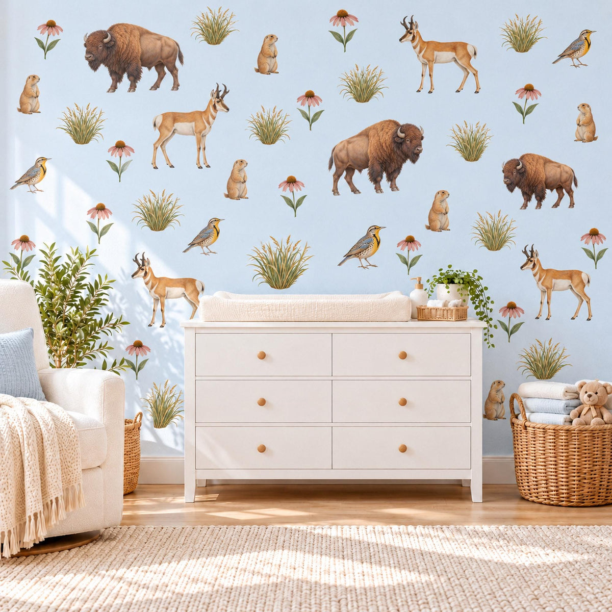 Prairie Animal Wall Stickers, Bison Antelope Nursery Decor, Wildlife Wall Decals, Kids Room Brown Tan Sage Western Peel and Stick Wall Art