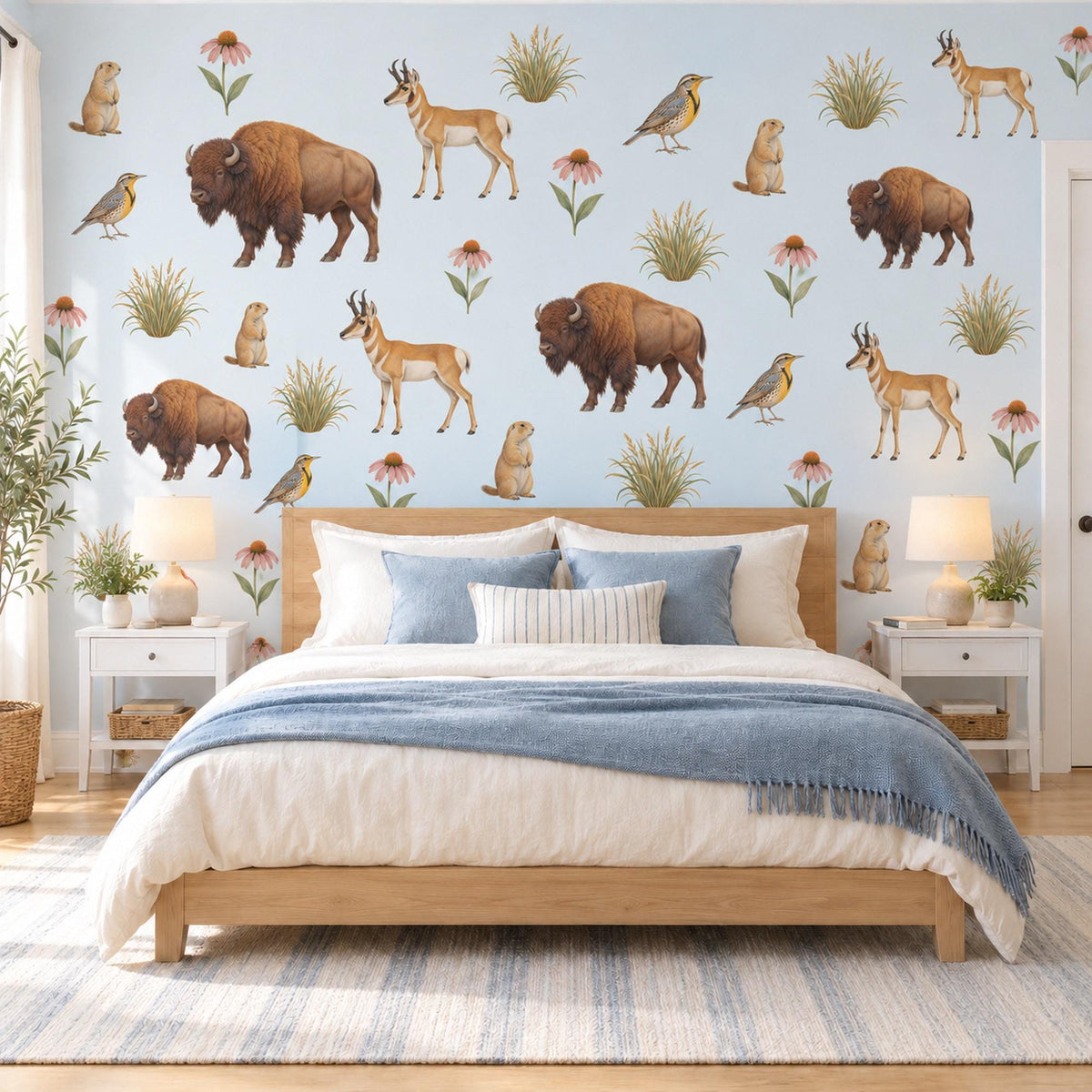 Prairie Animal Wall Stickers, Bison Antelope Nursery Decor, Wildlife Wall Decals, Kids Room Brown Tan Sage Western Peel and Stick Wall Art
