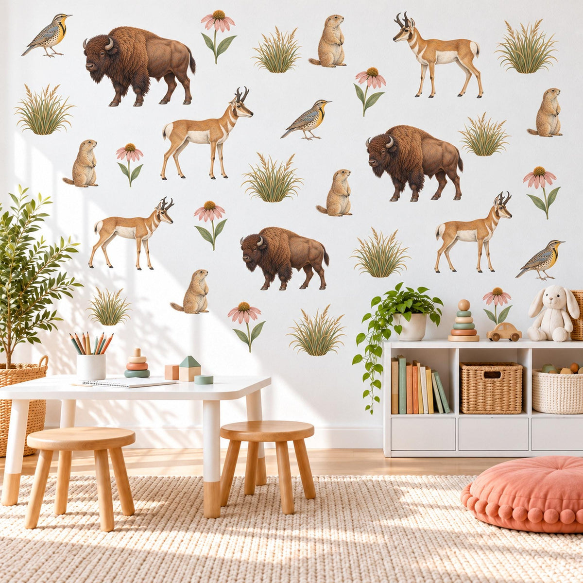Prairie Animal Wall Stickers, Bison Antelope Nursery Decor, Wildlife Wall Decals, Kids Room Brown Tan Sage Western Peel and Stick Wall Art