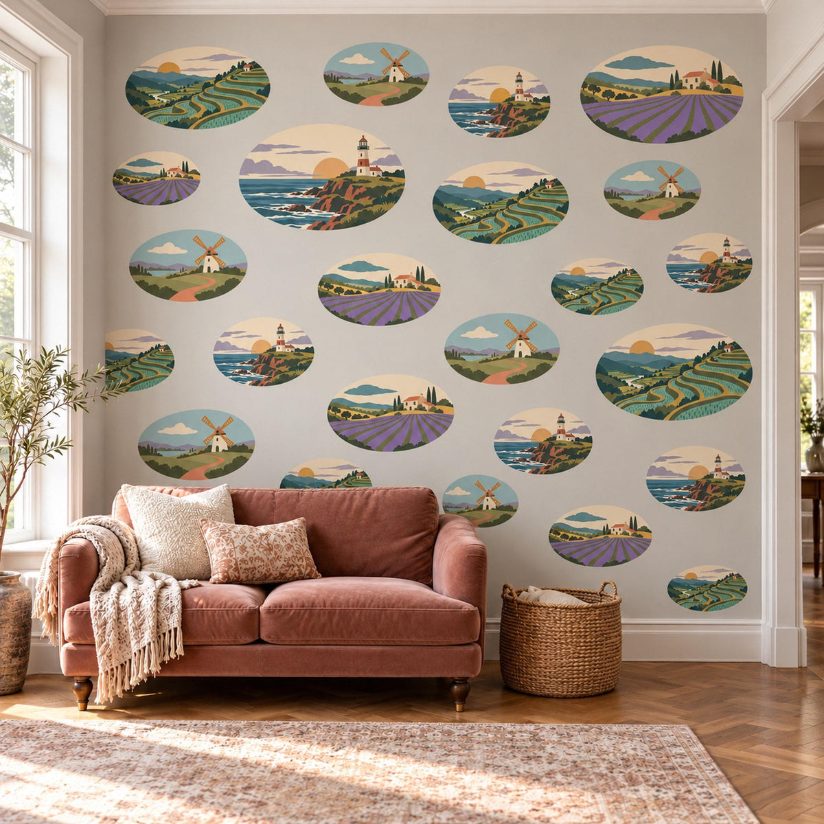 Landscape Wall Stickers, Countryside Oval Scene Decor, Lavender Field Wall Decals, Living Room Sage Purple Blue Vintage Peel and Stick Art
