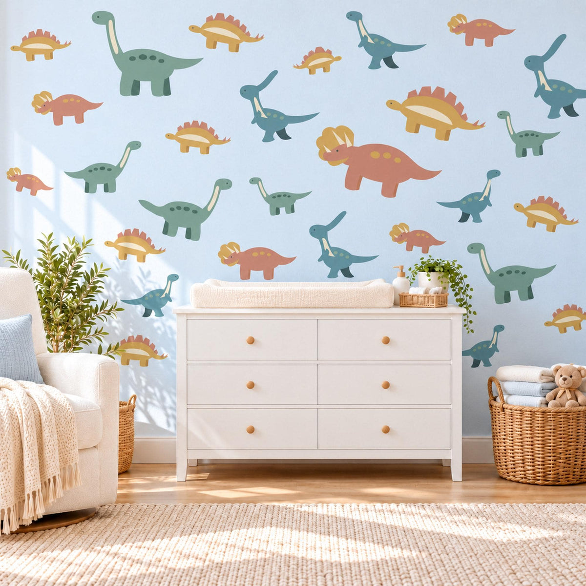 Dinosaur Wall Stickers, Cute Dino Nursery Decor, Kids Dinosaur Wall Decals, Boys Room Sage Teal Terracotta Mustard Peel and Stick Wall Art
