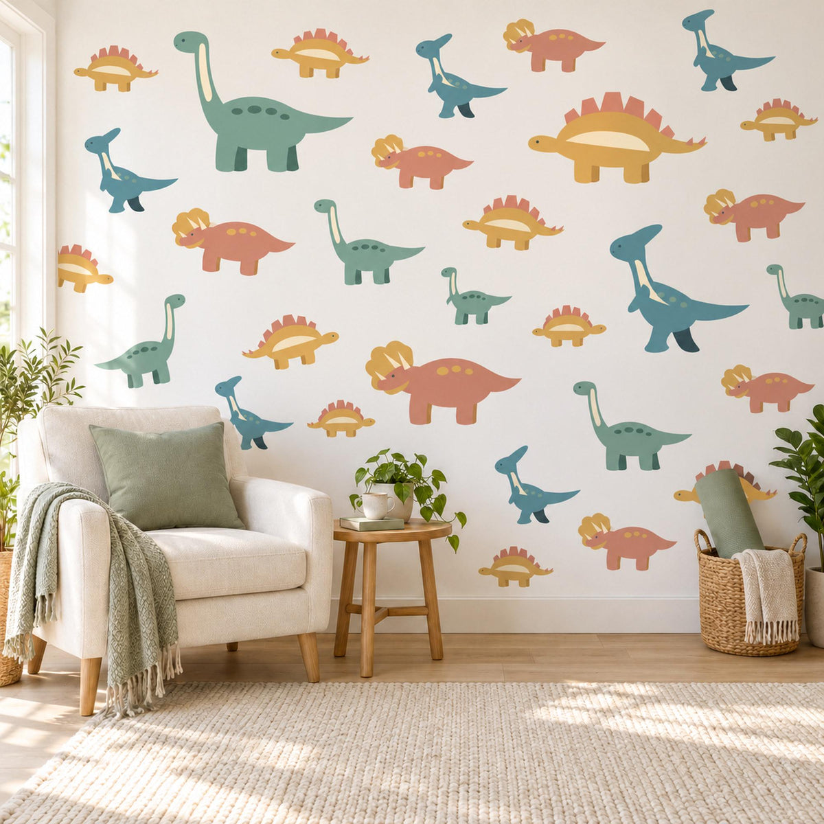 Dinosaur Wall Stickers, Cute Dino Nursery Decor, Kids Dinosaur Wall Decals, Boys Room Sage Teal Terracotta Mustard Peel and Stick Wall Art