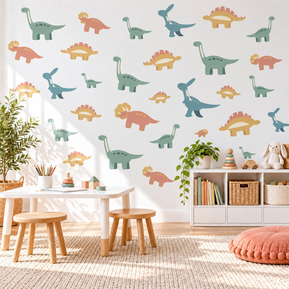 Dinosaur Wall Stickers, Cute Dino Nursery Decor, Kids Dinosaur Wall Decals, Boys Room Sage Teal Terracotta Mustard Peel and Stick Wall Art
