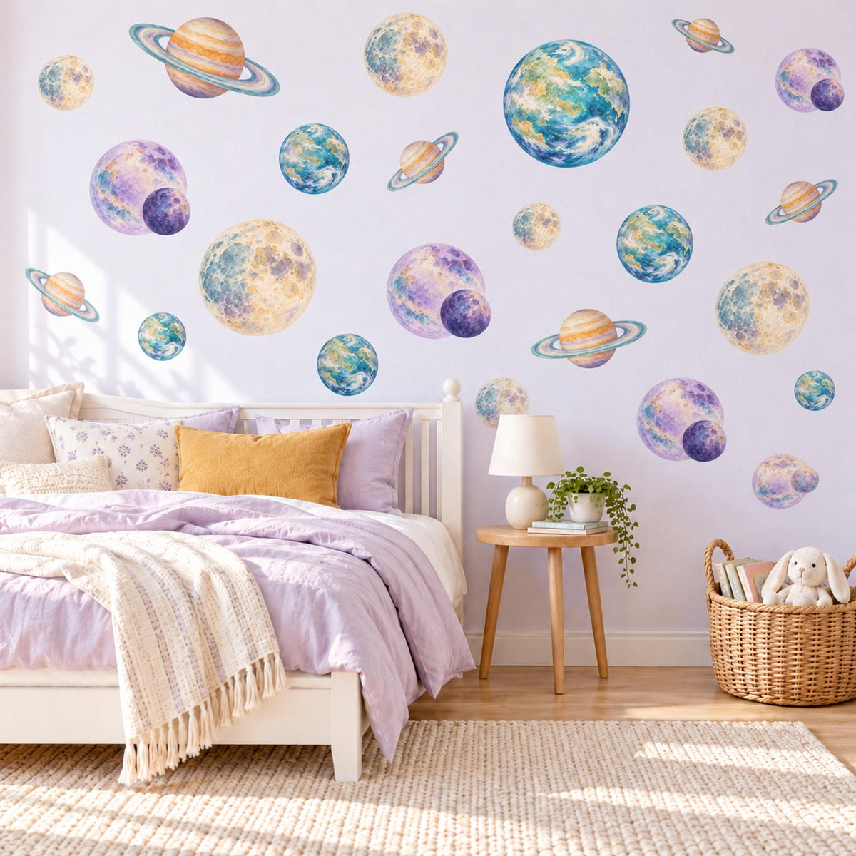 Planet Wall Stickers, Watercolour Space Nursery Decor, Solar System Wall Decals, Kids Room Blue Purple Gold Saturn Peel and Stick Wall Art