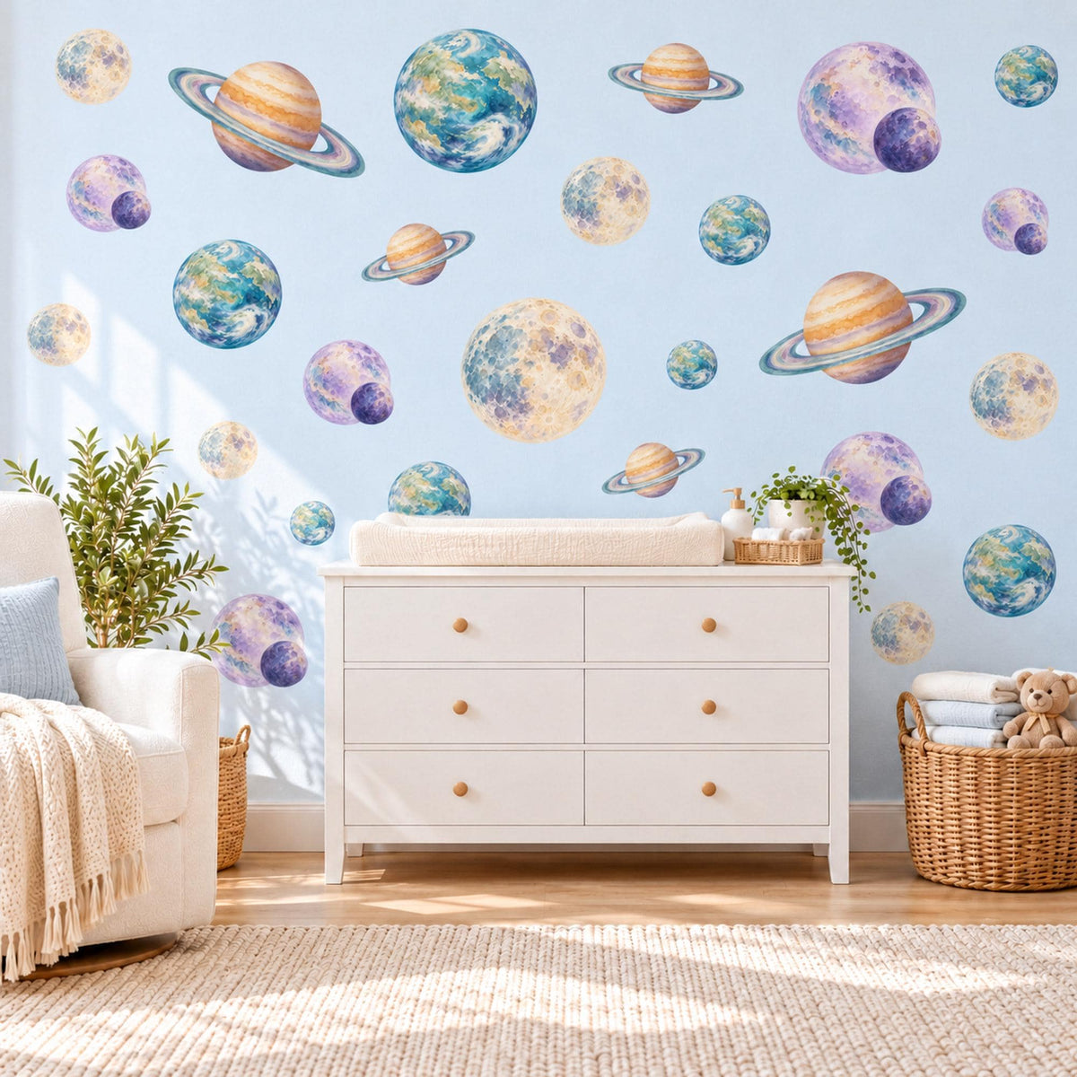 Planet Wall Stickers, Watercolour Space Nursery Decor, Solar System Wall Decals, Kids Room Blue Purple Gold Saturn Peel and Stick Wall Art