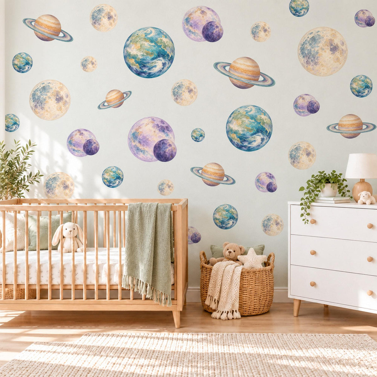 Planet Wall Stickers, Watercolour Space Nursery Decor, Solar System Wall Decals, Kids Room Blue Purple Gold Saturn Peel and Stick Wall Art