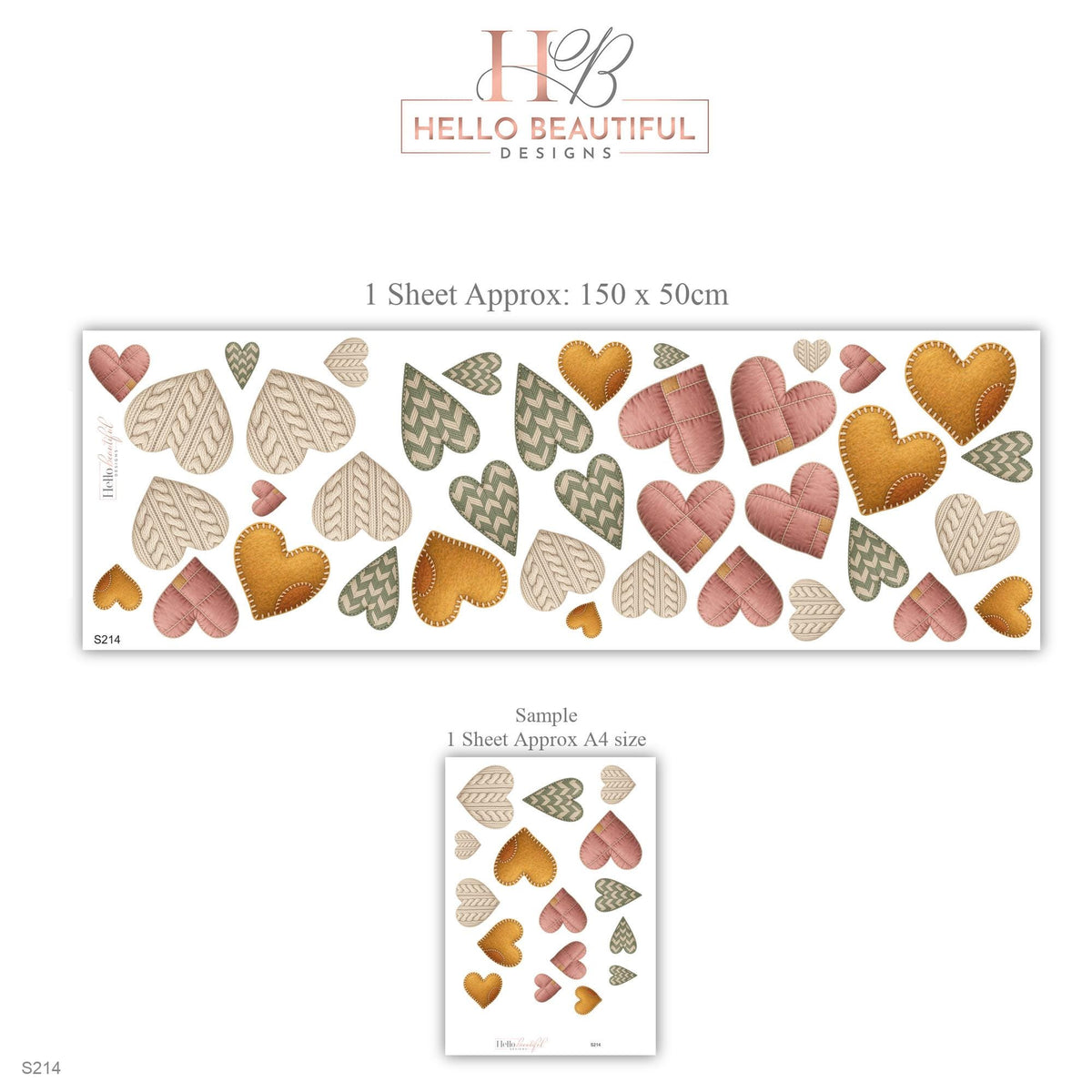 Heart Wall Stickers, Cosy Knitted Heart Nursery Decor, Boho Heart Wall Decals, Girls Room Rose Mustard Sage Cream Peel and Stick Wall Art