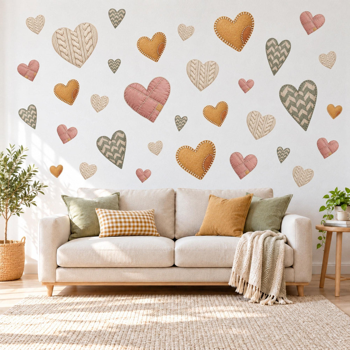 Heart Wall Stickers, Cosy Knitted Heart Nursery Decor, Boho Heart Wall Decals, Girls Room Rose Mustard Sage Cream Peel and Stick Wall Art