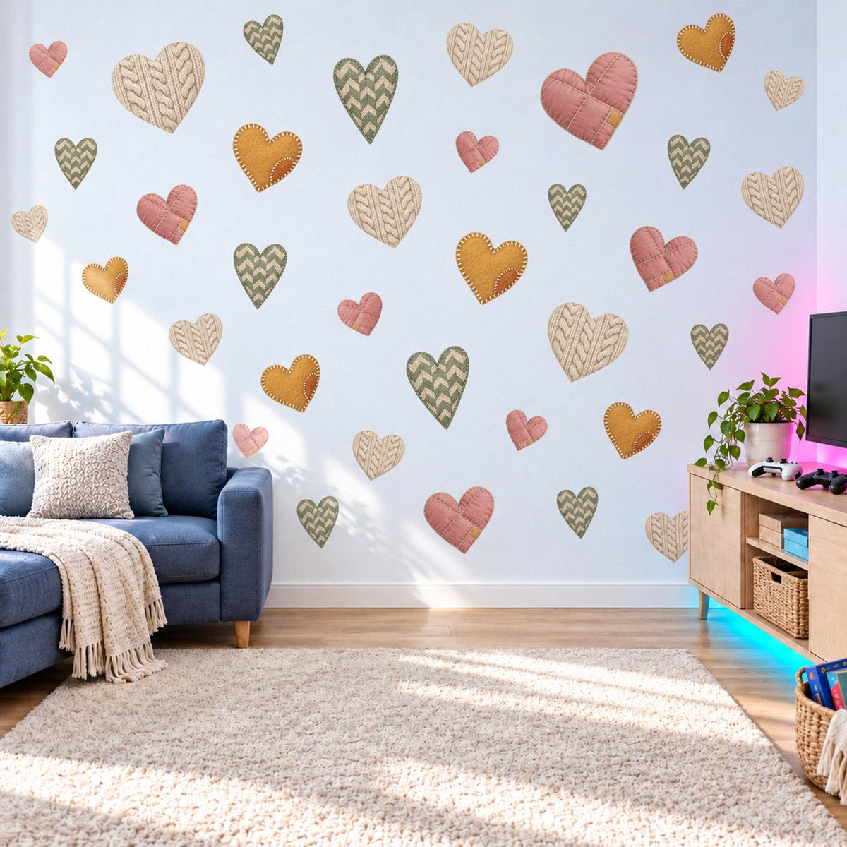 Heart Wall Stickers, Cosy Knitted Heart Nursery Decor, Boho Heart Wall Decals, Girls Room Rose Mustard Sage Cream Peel and Stick Wall Art