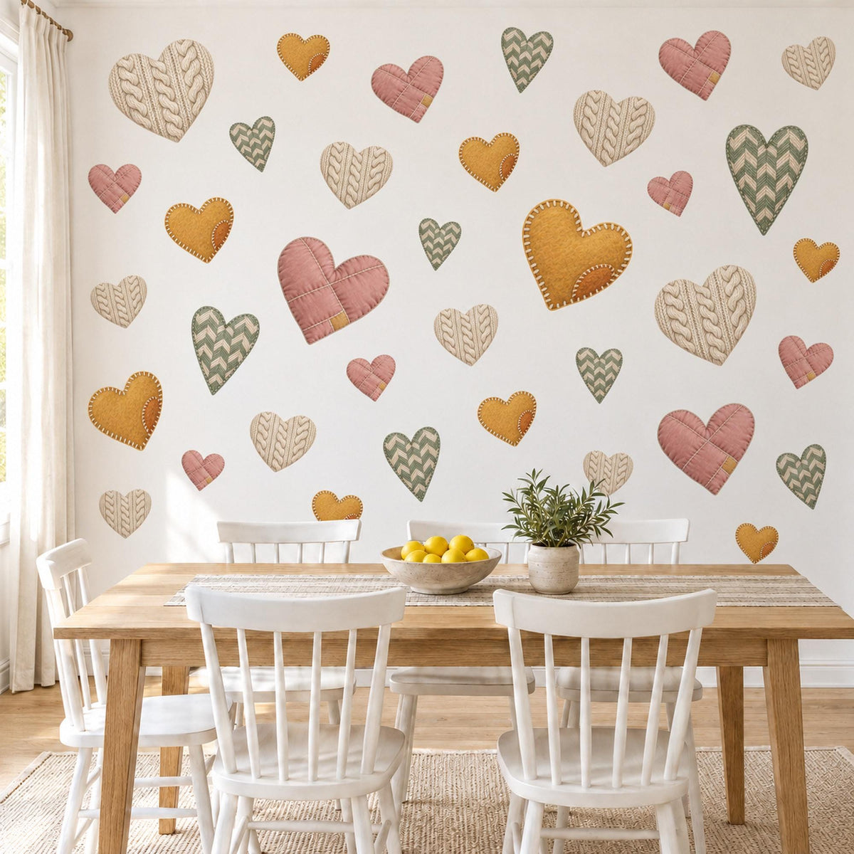 Heart Wall Stickers, Cosy Knitted Heart Nursery Decor, Boho Heart Wall Decals, Girls Room Rose Mustard Sage Cream Peel and Stick Wall Art