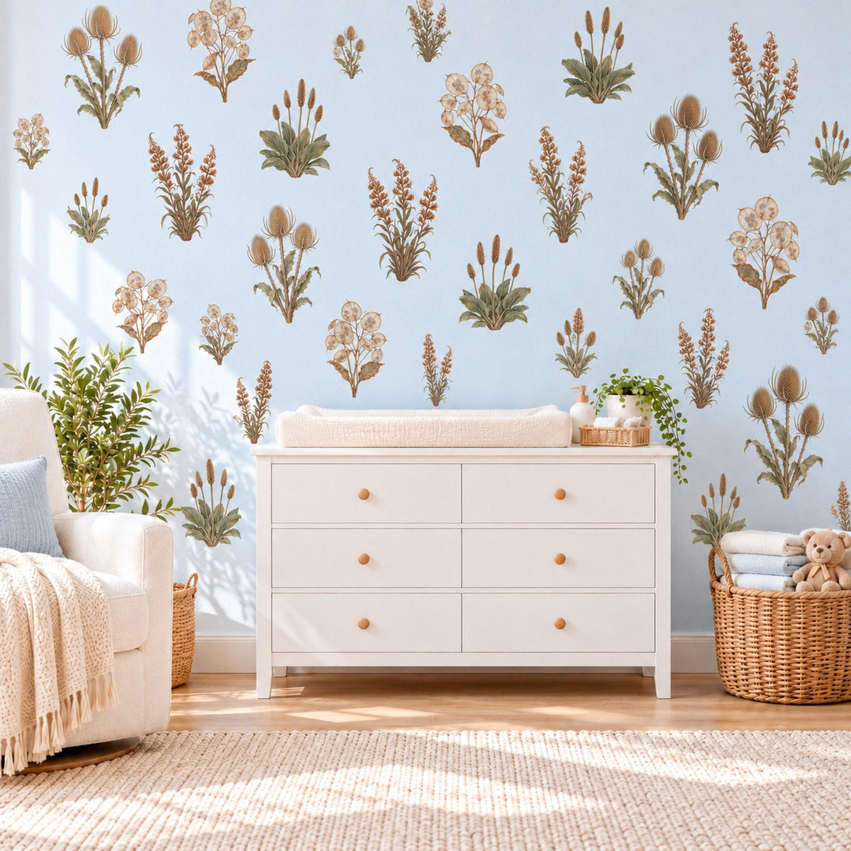 Dried Flower Wall Stickers, Boho Botanical Decor, Thistle Honesty Wall Decals, Living Room Nursery Brown Sage Neutral Peel and Stick Art