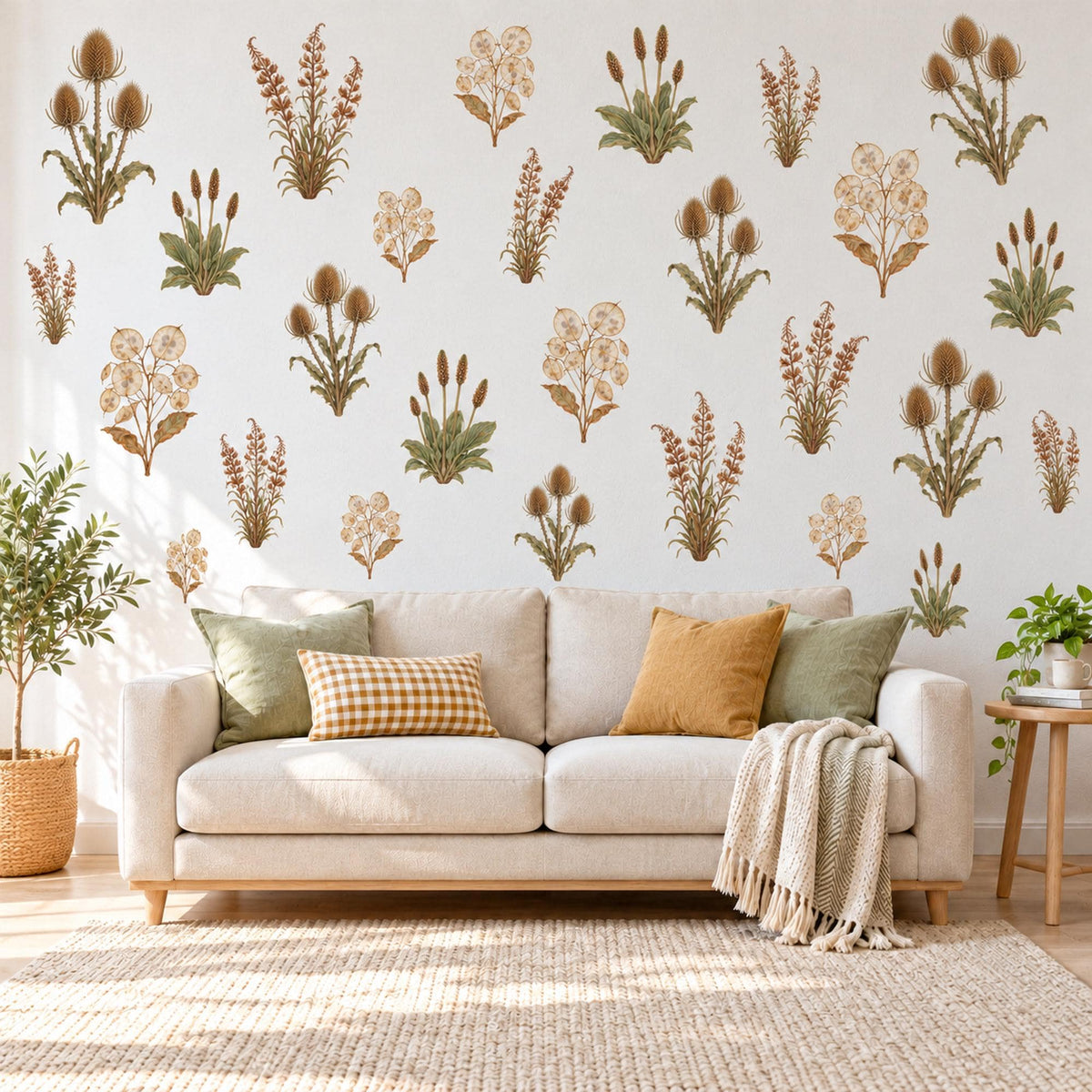 Dried Flower Wall Stickers, Boho Botanical Decor, Thistle Honesty Wall Decals, Living Room Nursery Brown Sage Neutral Peel and Stick Art