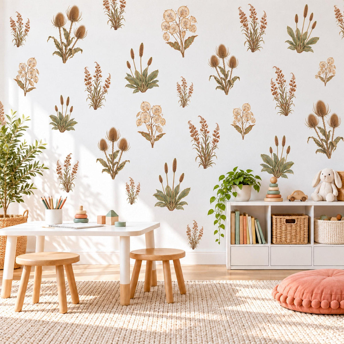 Dried Flower Wall Stickers, Boho Botanical Decor, Thistle Honesty Wall Decals, Living Room Nursery Brown Sage Neutral Peel and Stick Art