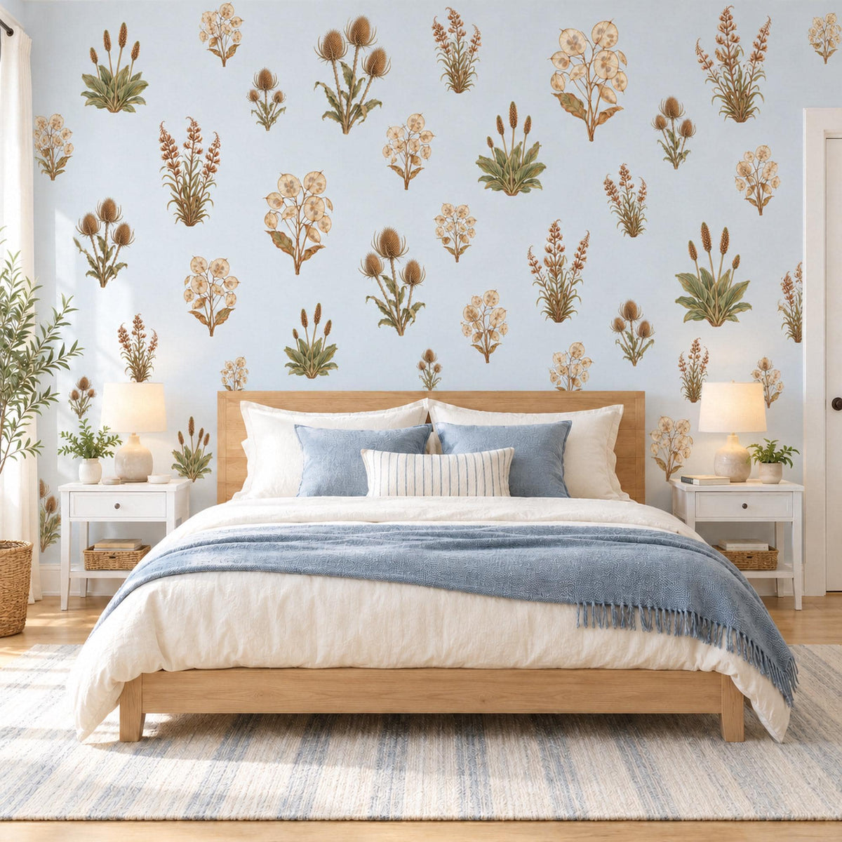 Dried Flower Wall Stickers, Boho Botanical Decor, Thistle Honesty Wall Decals, Living Room Nursery Brown Sage Neutral Peel and Stick Art