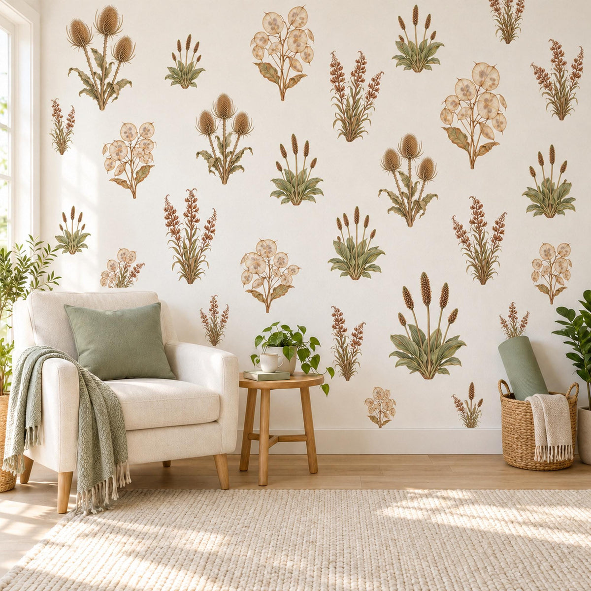 Dried Flower Wall Stickers, Boho Botanical Decor, Thistle Honesty Wall Decals, Living Room Nursery Brown Sage Neutral Peel and Stick Art