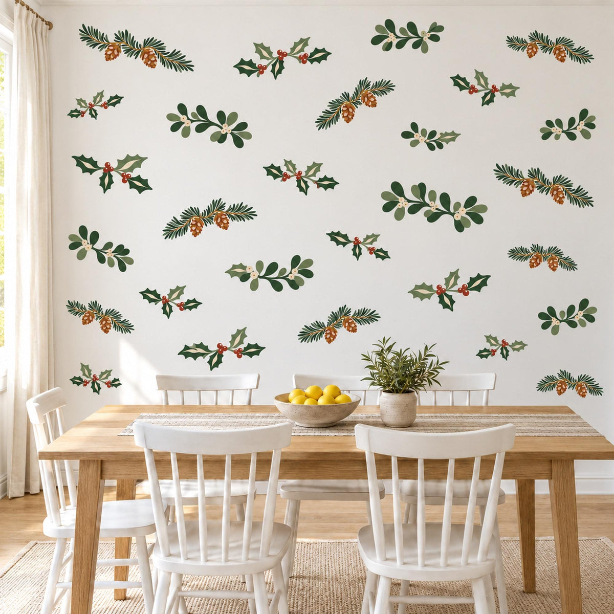 Christmas Wall Stickers, Holly Pine Greenery Decor, Winter Botanical Wall Decals, Festive Living Room Green Red Pinecone Peel and Stick Art